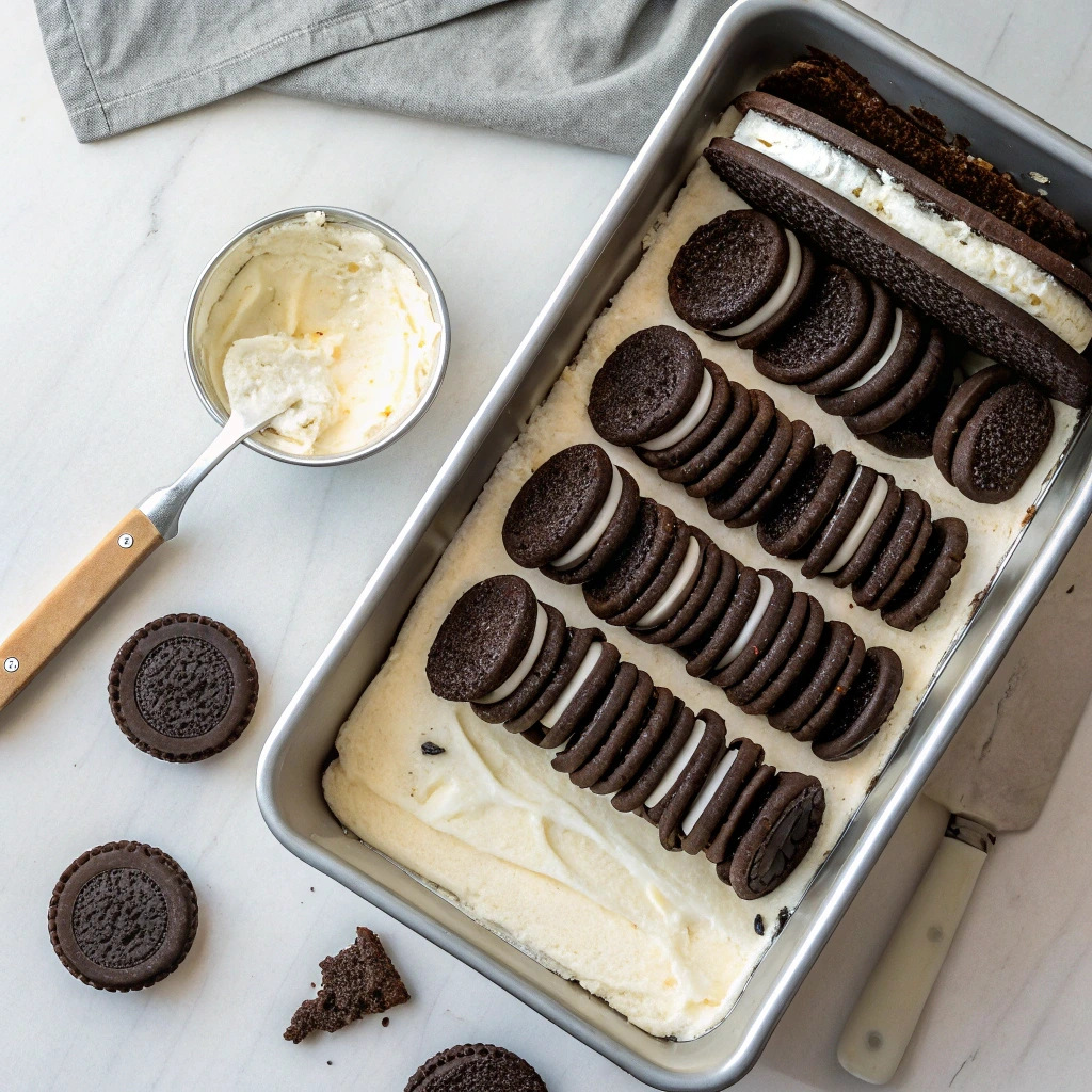 Summer Oreo Ice Box Cake – No-Bake, Easy Dessert Ideas 11 Assembling Summer Oreo Ice Box Cake