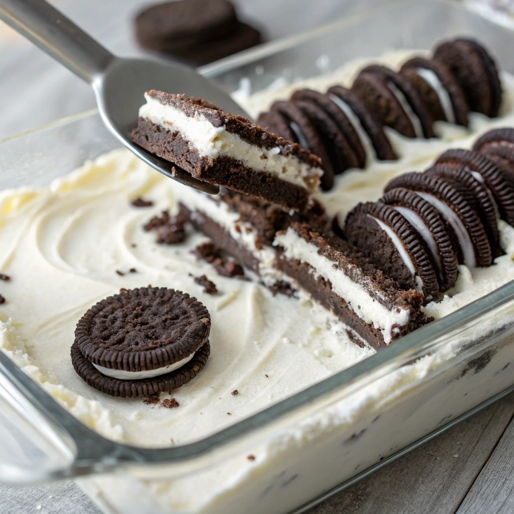 Making Oreo ice box cake layers