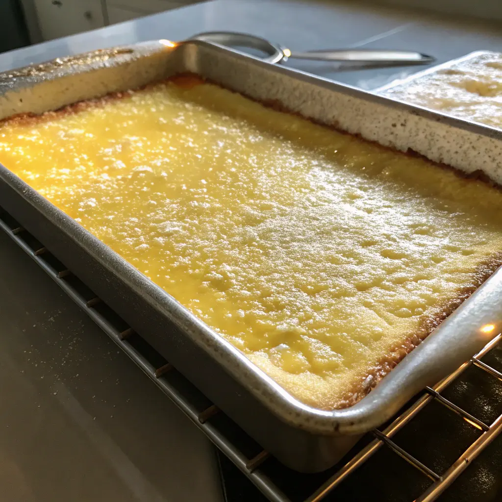 Lemon bars baking in 9x13 pan
