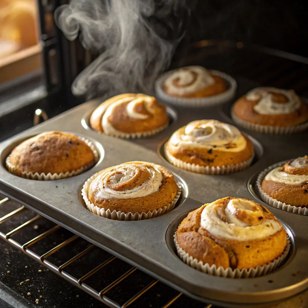 Baking pumpkin swirl muffins in oven