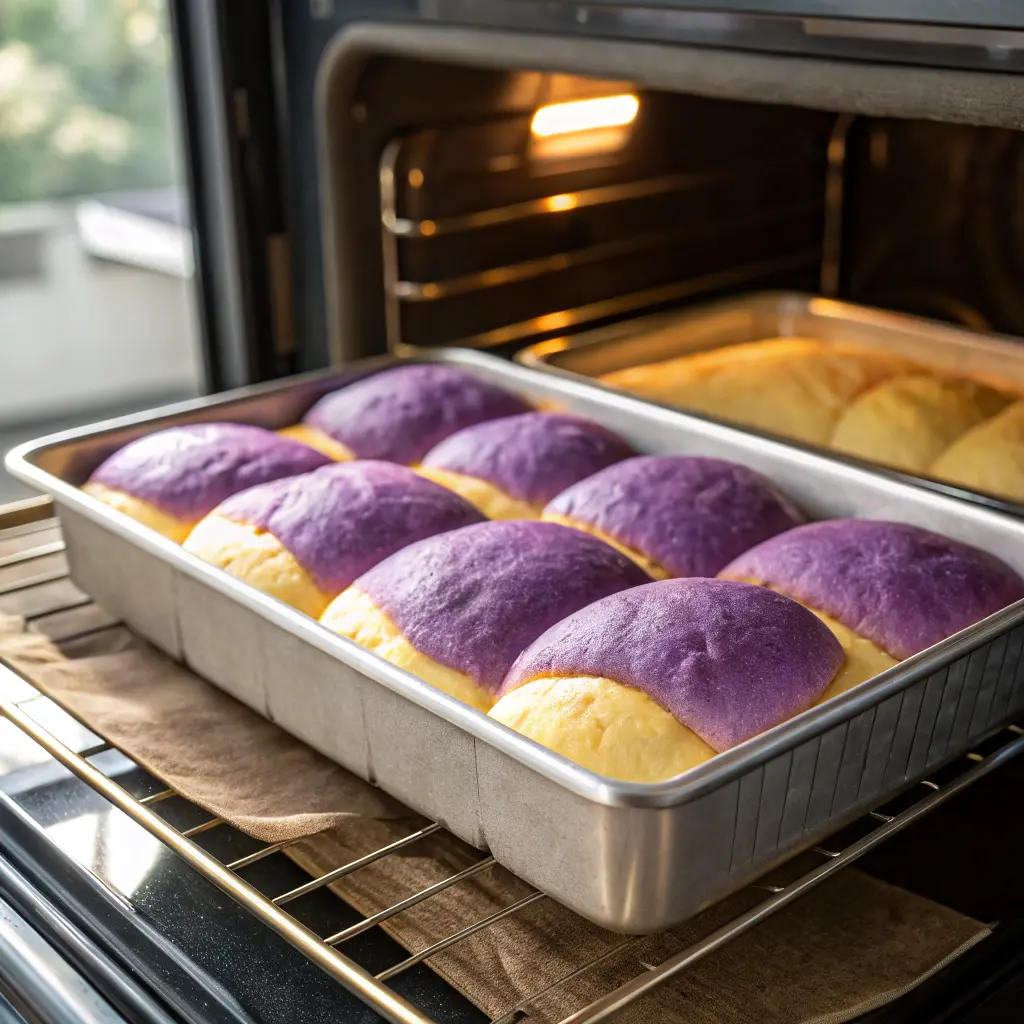 Baking ube milk bread in oven