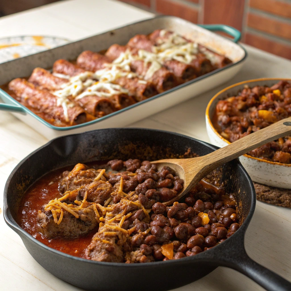 Beef Bean Enchiladas Recipe with Authentic Mexican Flavor 11 Cooking beef enchiladas in pan