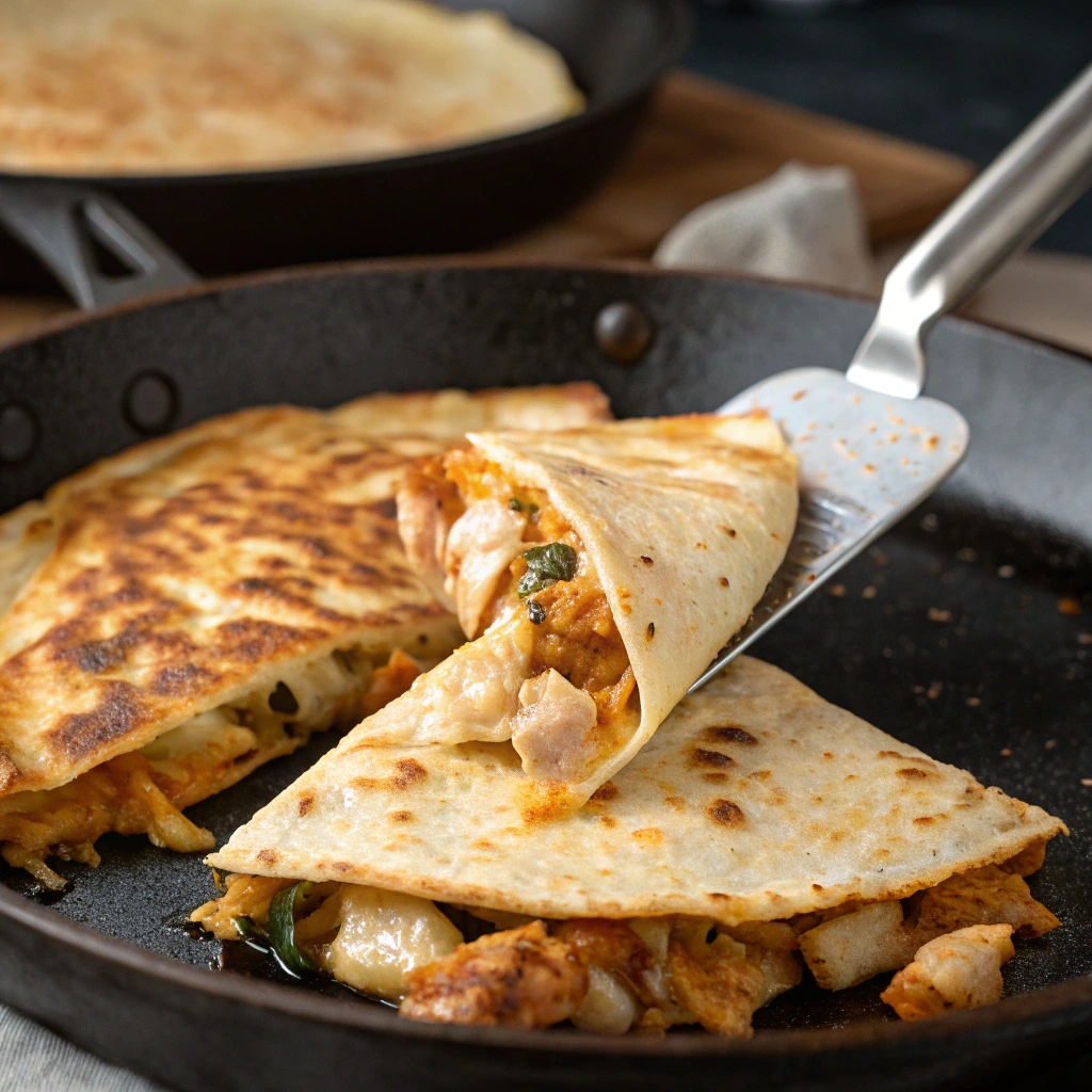 Cooking chicken quesadilla in skillet