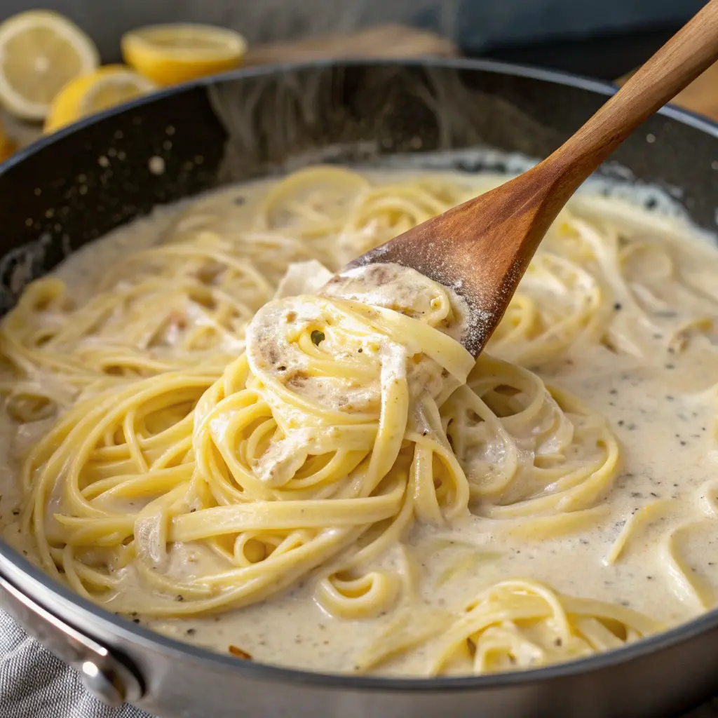 Cooking creamy lemon pasta in a pan