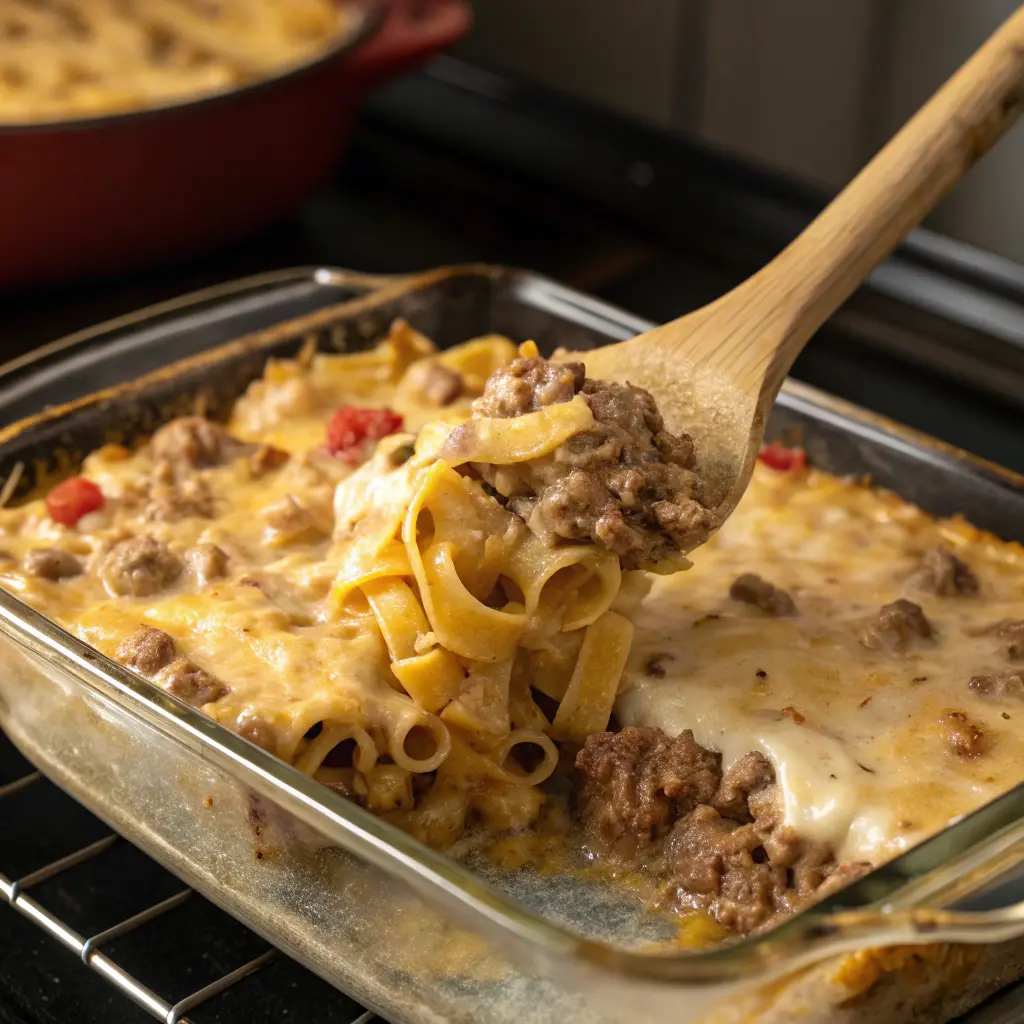 Hamburger supreme casserole mid-baking