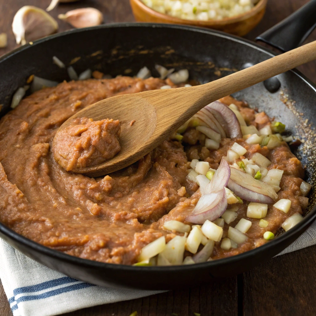 Cooking refried beans in a skillet