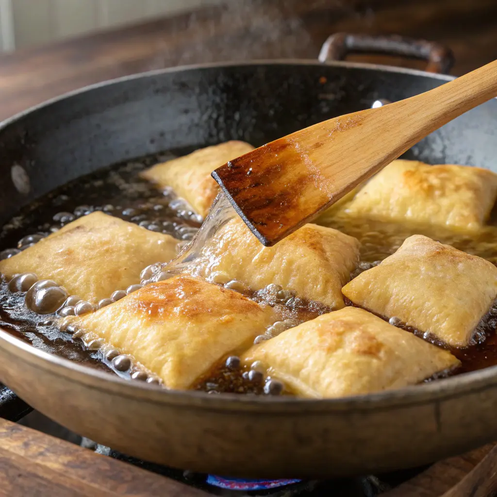 Quick Sopapillas Dessert – Perfect for Breakfast or Snack 11 Sopapillas frying in a skillet