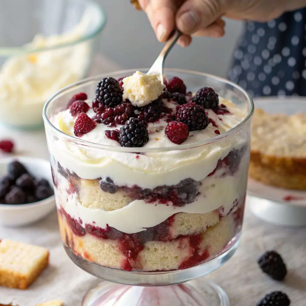 Assembling blackberry marshmallow trifle layers
