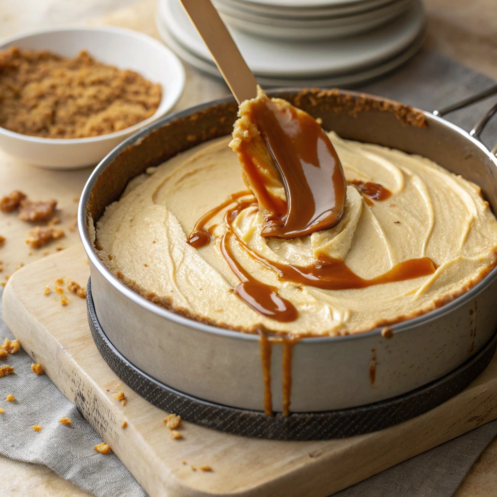 Dulce de Leche Cheesecake Recipe – Easy and Decadent Dessert 11 Cooking Dulce de Leche Cheesecake in pan