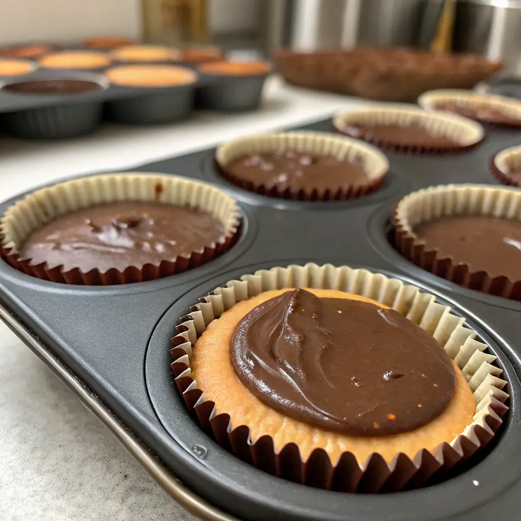 Layering Reese’s cups in muffin liners