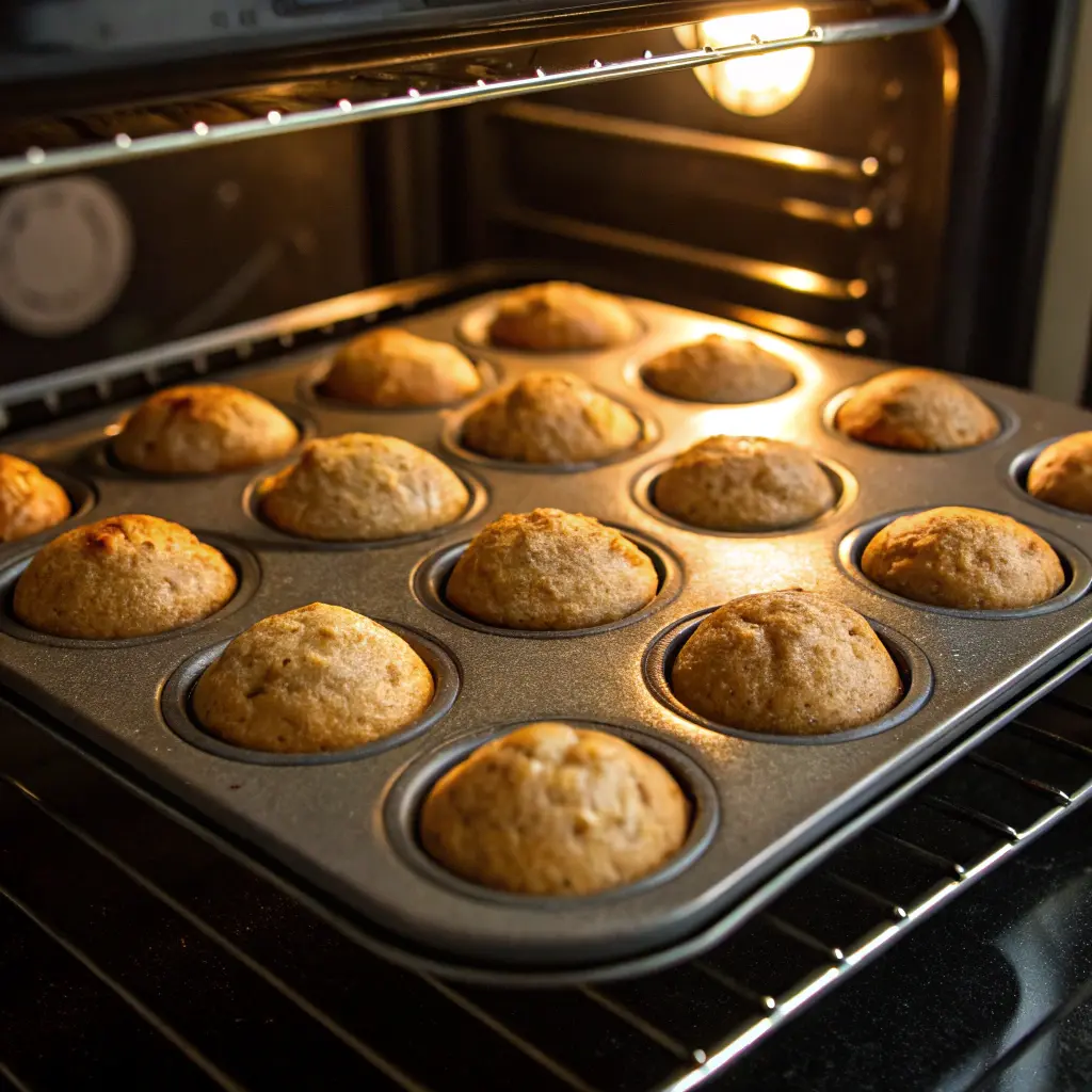 Mini banana muffins baking in oven