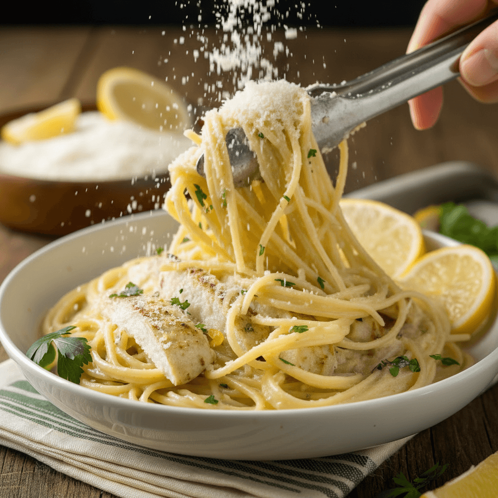 spaghetti being tossed in creamy lemon parmesan sa
