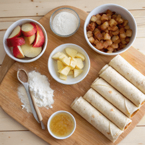 top down flat lay of apple pie taquitos ingredient