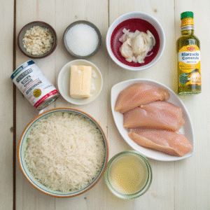 Chicken and Rice Casserole Recipes Cream of Chicken 5 top down flat lay of chicken and rice casserole in