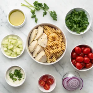 Chicken Pasta Salad Recipe: Quick & Flavorful Dish 5 top down flat lay of chicken pasta salad ingredien