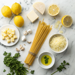 top down flat lay of lemon butter pasta ingredient