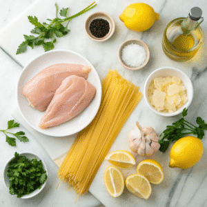 top down flat lay of lemon chicken pasta ingredien