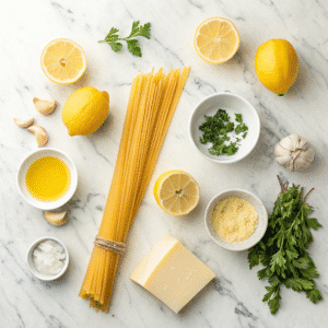 top down flat lay of lemon garlic pasta ingredient