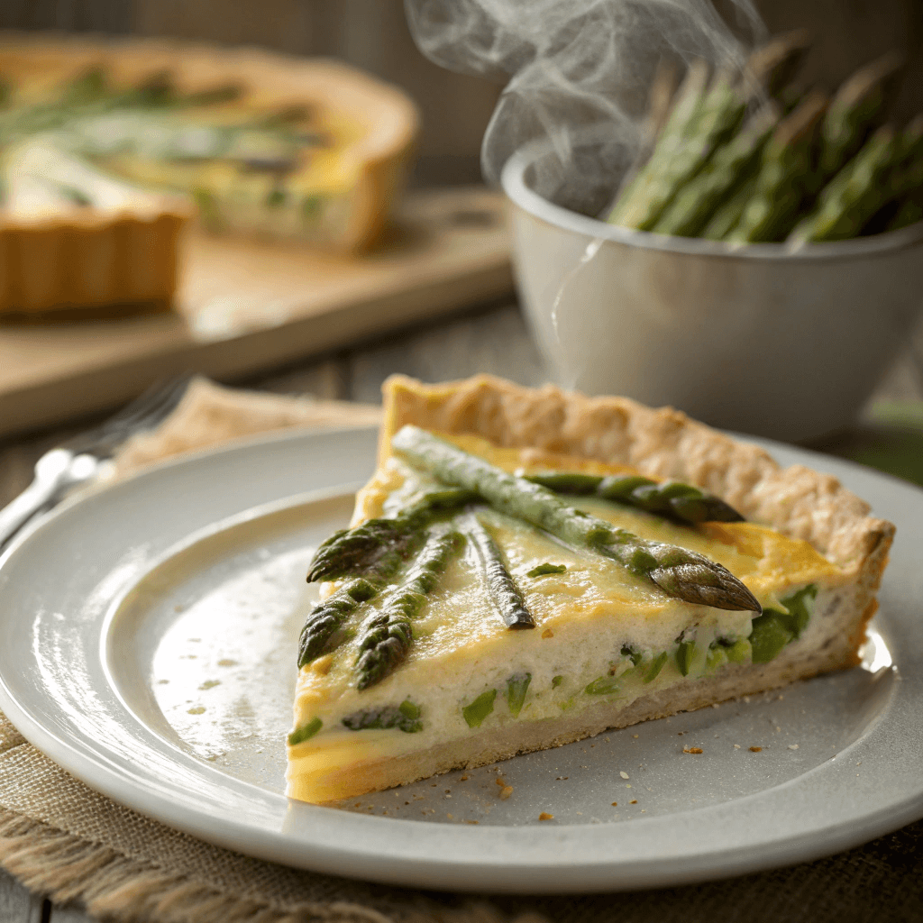 ultra realistic close up of asparagus quiche slice