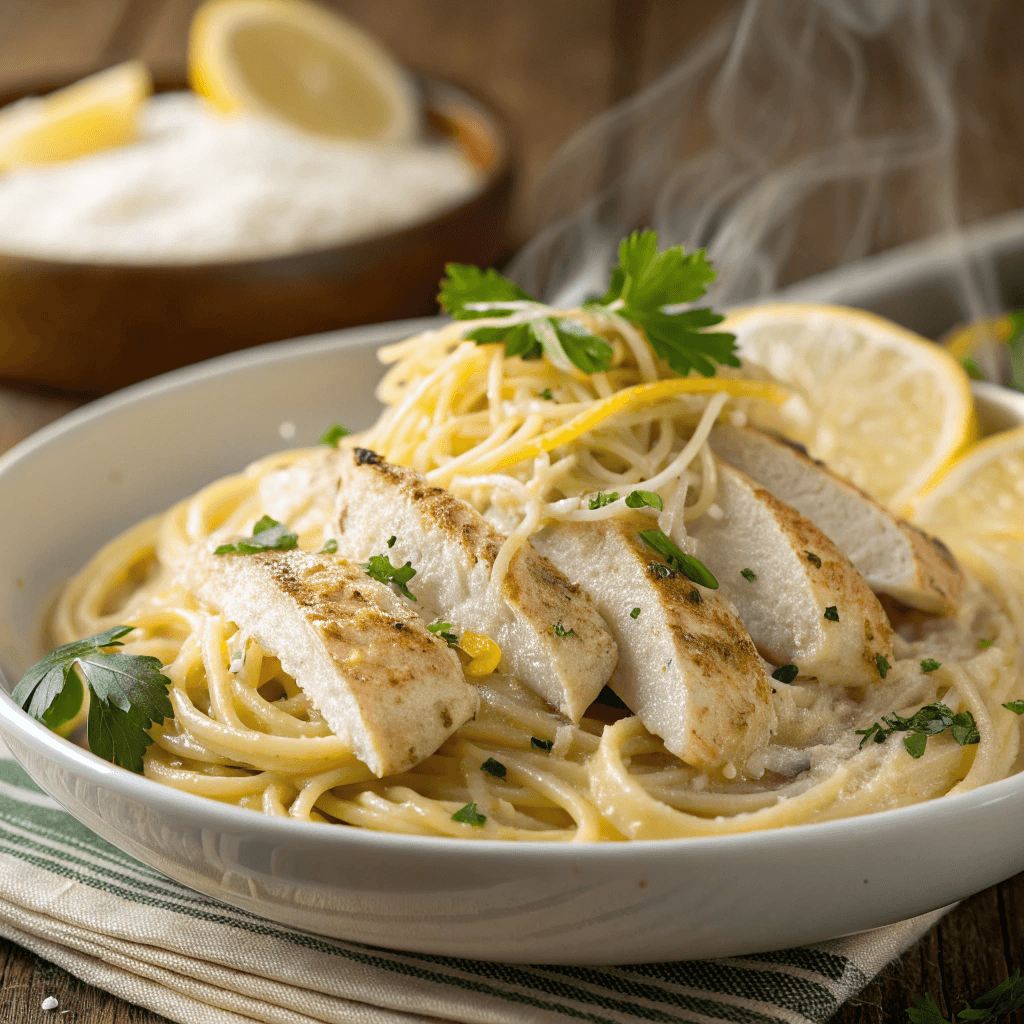 ultra realistic close up of lemon chicken pasta c