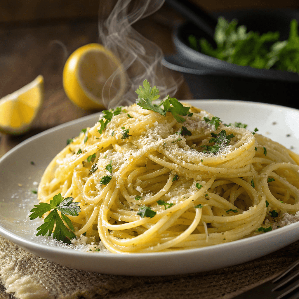ultra realistic close up of lemon garlic pasta sp