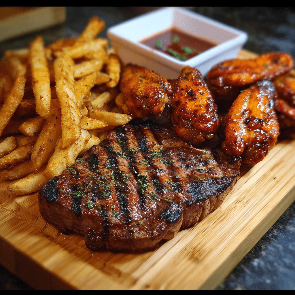 Grilled Steak with Crispy Fries and BBQ Chicken Wings
