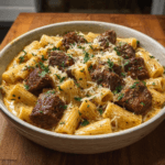Cajun Steak Tips in Cheesy Rigatoni Parmesan Sauce