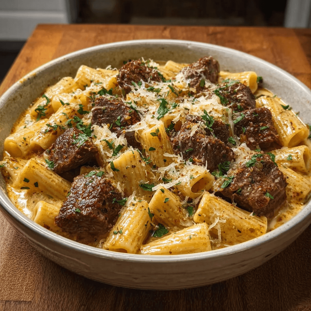 Cajun Steak Tips in Cheesy Rigatoni Parmesan Sauce
