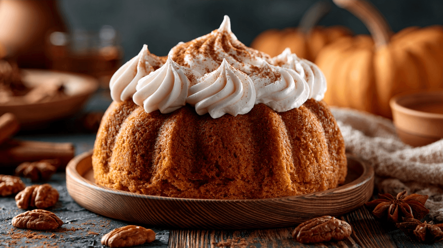 A beautifully decorated pumpkin spice cake with various toppings and add-ins visible, such as nuts, dried cranberries, and a caramel swirl.