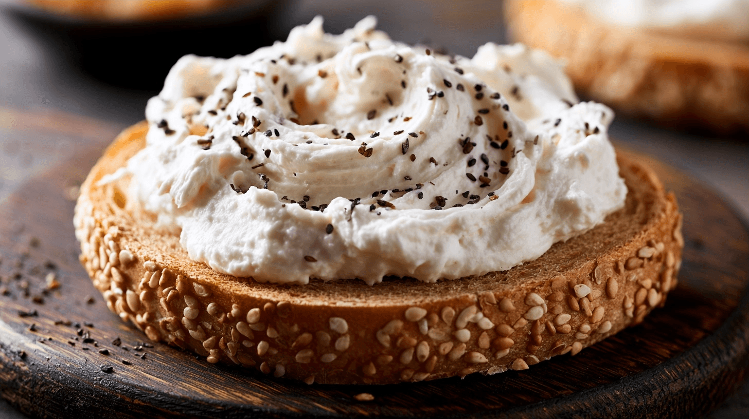 A close-up photograph of a bowl of creamy, homemade vegan cream cheese, with a small spatula scooping some onto a cracker. The background is a bright kitchen counter.