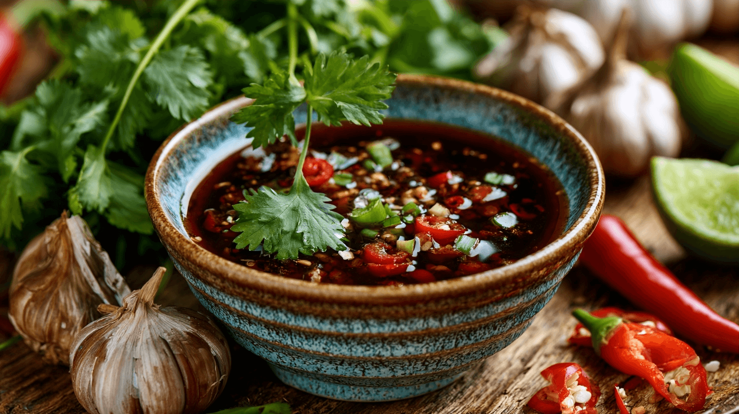 Vietnamese Food Fish Sauce: The Essential Guide to Nước Chấm 8 A close-up photograph of a small bowl of traditional Vietnamese dipping sauce (nước chấm) with fresh red chili slices and green herbs floating on top, next to a lime wedge.