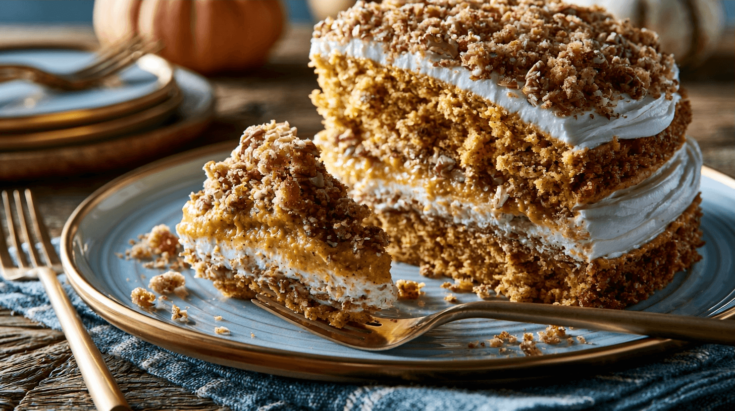 Easy Pumpkin Crunch Cake Recipe: Fall Dessert with Pecans 8 A delicious pumpkin crunch cake without pecans, showing a golden brown top and a creamy filling. The cake is sliced, revealing its layers.