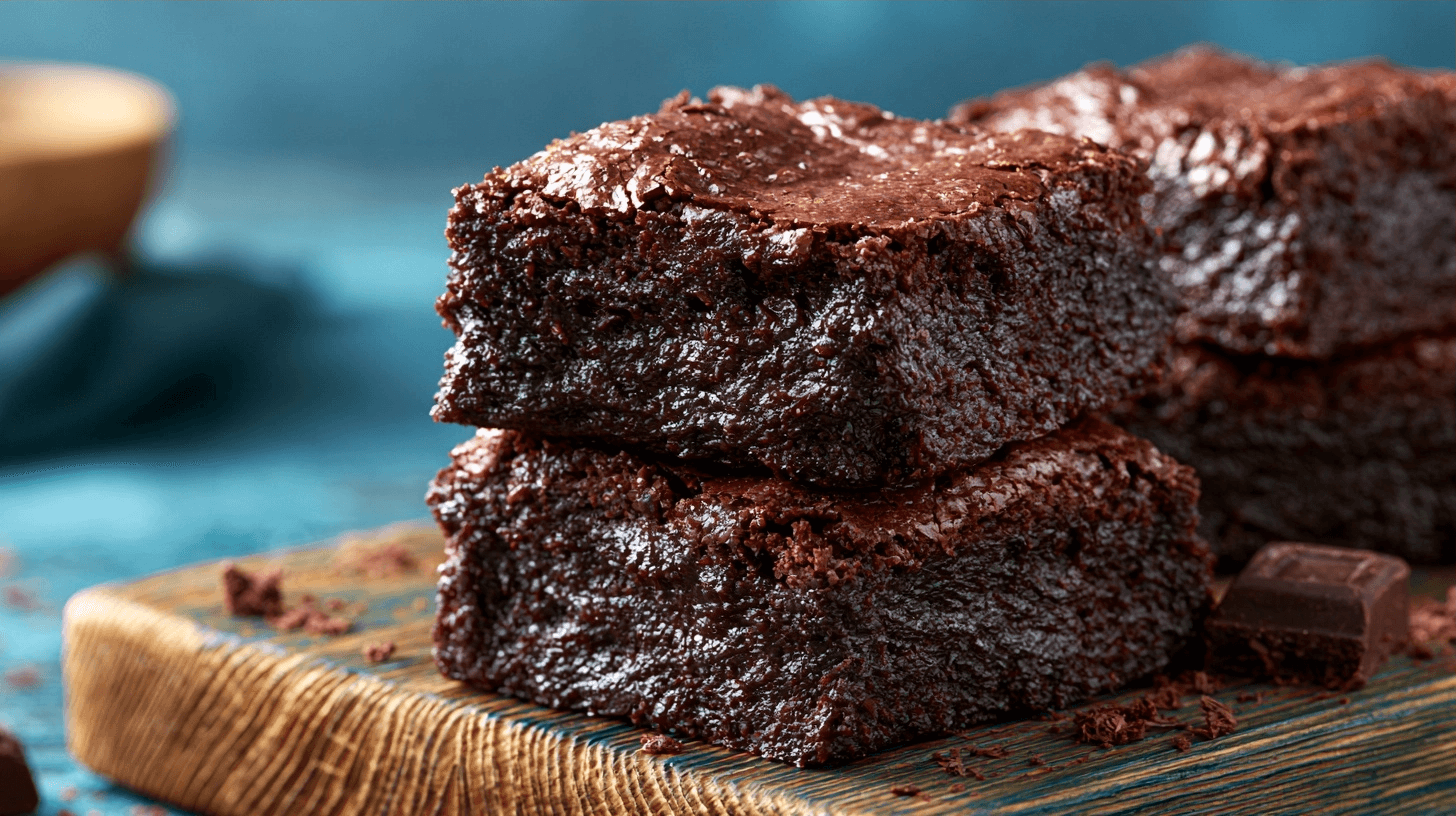 A freshly baked pan of Ghirardelli brownies, just out of the oven, cooling on a wire rack. Steam is subtly rising, and the brownies look rich and dark, with a slightly cracked top. A hand is reaching in to cut a piece.