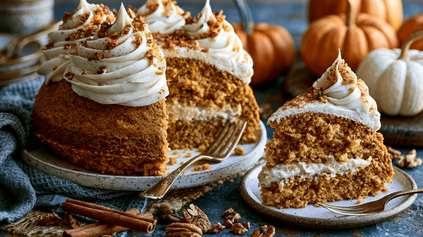 Gluten-Free Pumpkin Cake Recipe with Cream Cheese Frosting 8 A perfectly baked gluten-free pumpkin cake slice on a plate, showing a moist crumb and topped with cream cheese frosting, with autumn decorations in the background.