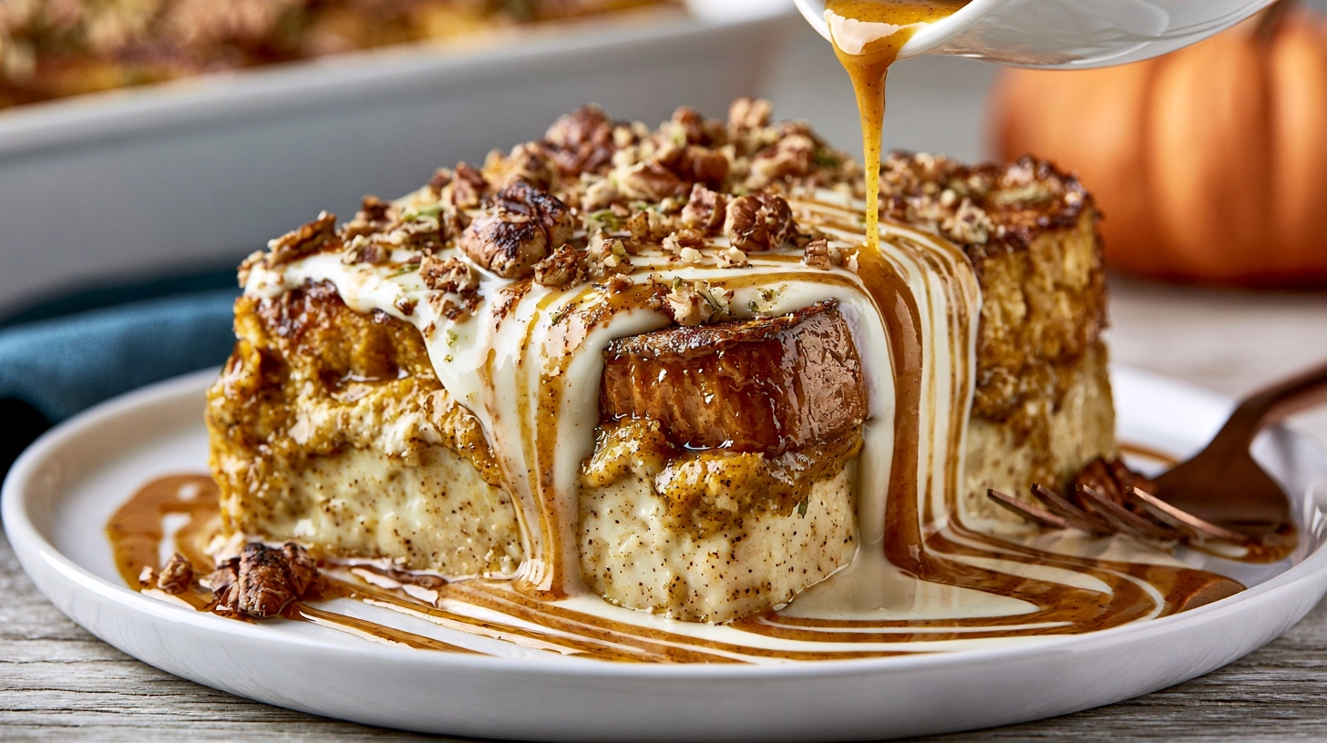 A perfectly baked pumpkin French toast casserole, golden brown on top, dusted with powdered sugar, with a side of berries and a pitcher of golden syrup. Focus on a warm, inviting presentation.