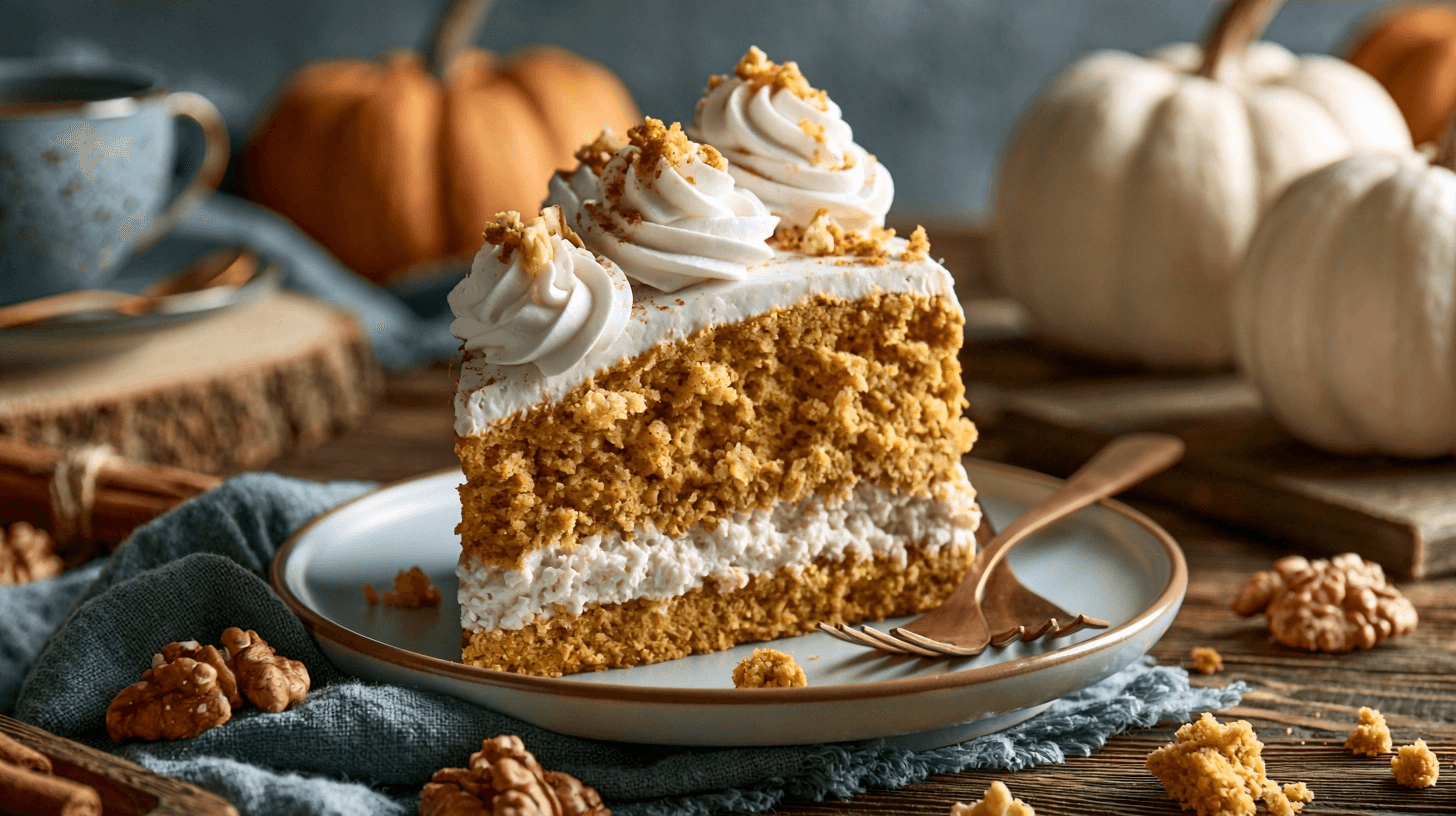Keto Pumpkin Cake: Moist, Flavorful & Low-Carb Recipe 3 A perfectly baked, sliced keto pumpkin cake on a cooling rack, with a smooth, light-colored topping partially applied to one slice. The cake has a rich orange color and appears moist. Autumnal decorations like small gourds or leaves are subtly in the background.
