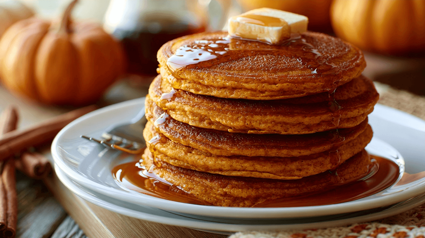 Pumpkin Pancakes Recipe – Fluffy, Easy & Ready in 20 Minutes 8 A stack of fluffy pumpkin pancakes with various toppings like maple syrup, whipped cream, fresh berries, and chopped nuts.