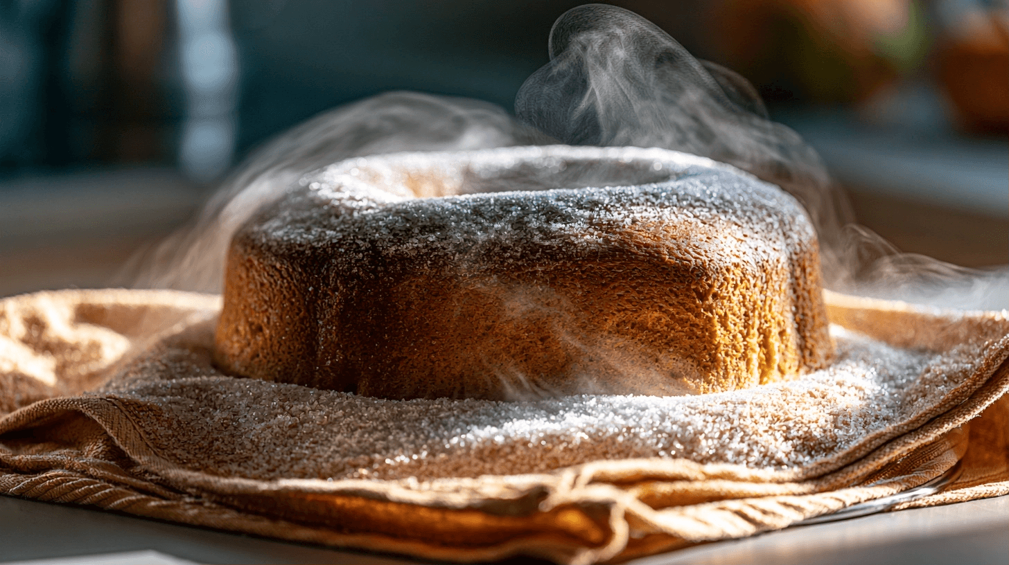 A warm, freshly baked pumpkin cake being inverted onto a sugar-dusted kitchen towel, with steam gently rising, in a kitchen setting.