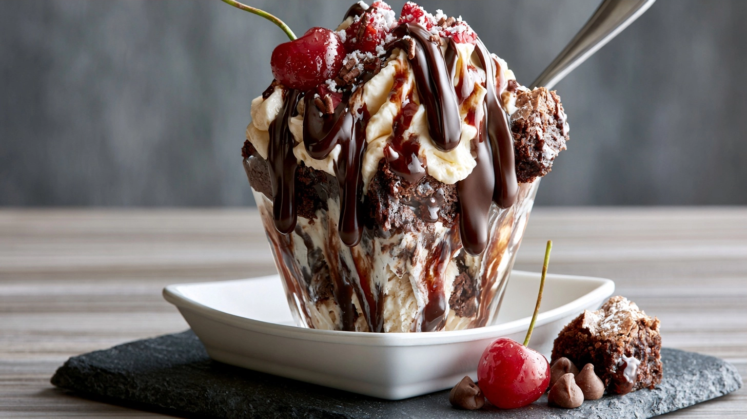 An overhead shot of a brownie chocolate sundae with various toppings like hot fudge, sprinkles, fresh berries, and crushed cookies, showcasing a rich and decadent dessert.