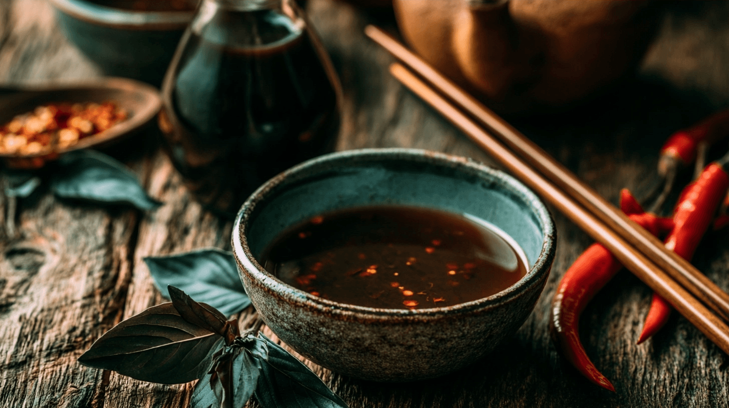 Bottles of homemade vegan fish sauce next to a bowl of ingredients like dried shiitake mushrooms, kombu, and tamari, with a small tasting spoon.