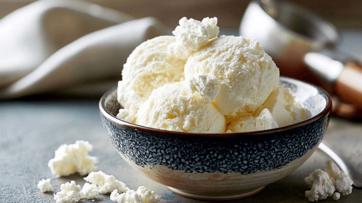 Various bowls of cottage cheese ice cream with different flavor variations, such as berry swirl, chocolate chip, and nuts, presented attractively on a rustic wooden table.